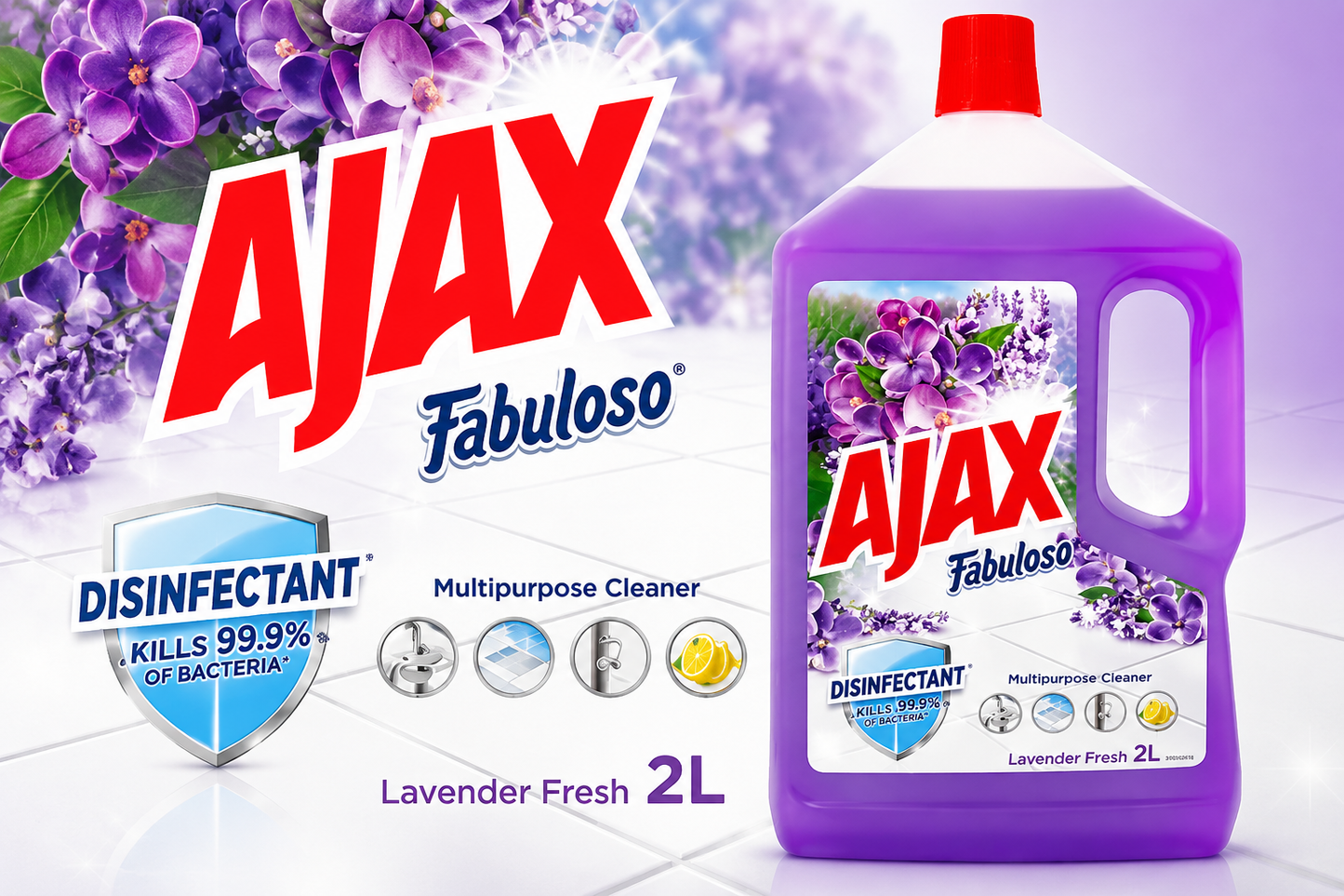 Ajax Fabuloso Disinfectant Multipurpose Cleaner Lavender Fresh 2L