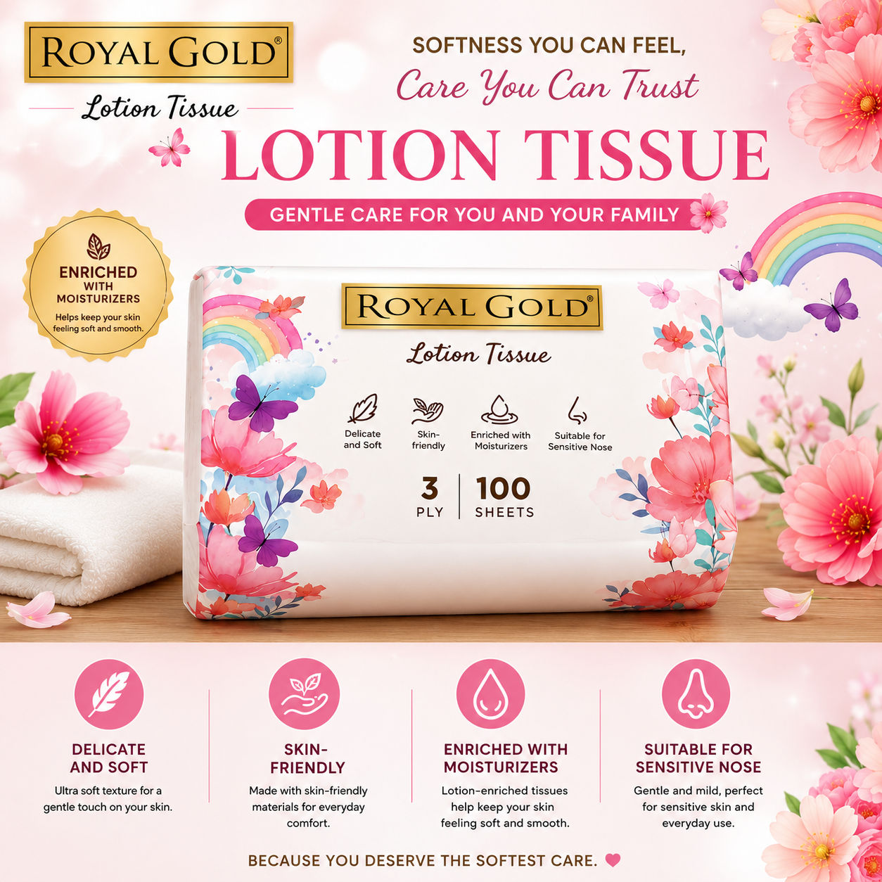 Royal Gold Lotion Tissue 3-Ply Soft Pack – 100 Sheets
