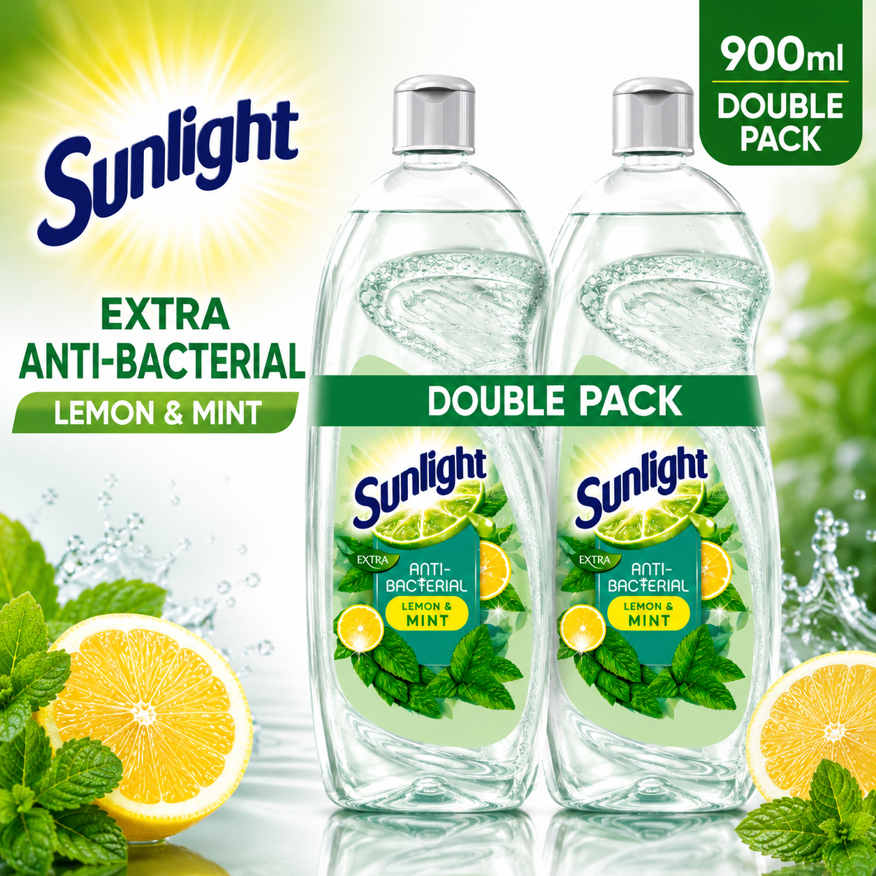 Sunlight Extra Anti-Bacterial Lemon & Mint Dishwashing Liquid Double Pack 900ml x 2