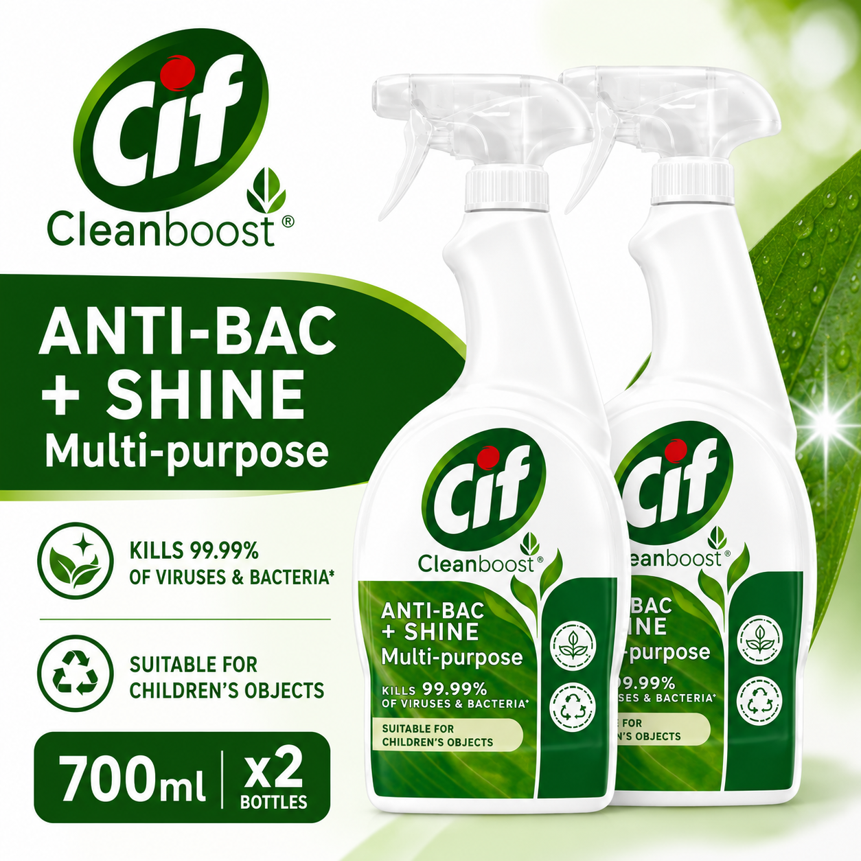 Cif Cleanboost Anti-Bac + Shine Multi-Purpose Cleaner Spray Double Pack 700ml x 2