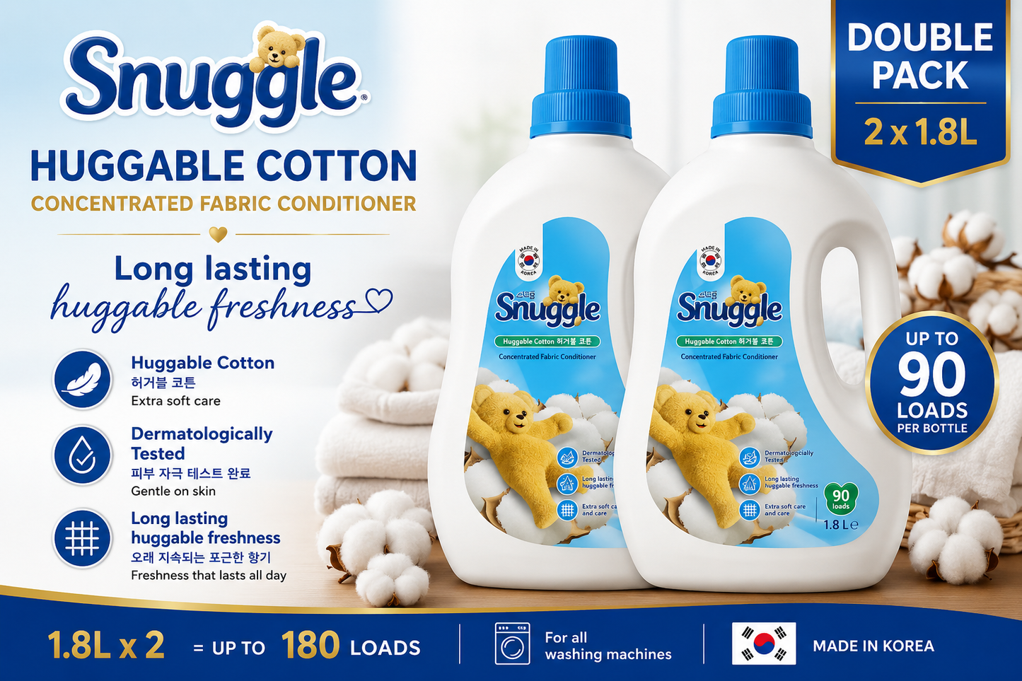 Snuggle Huggable Cotton Concentrated Fabric Conditioner 1.8L – 90 Loads