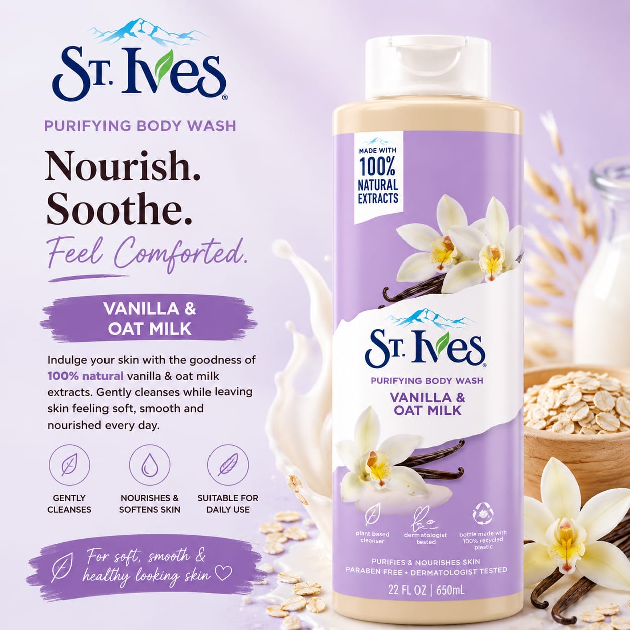 St. Ives Purifying Body Wash – Vanilla & Oat Milk 650ml