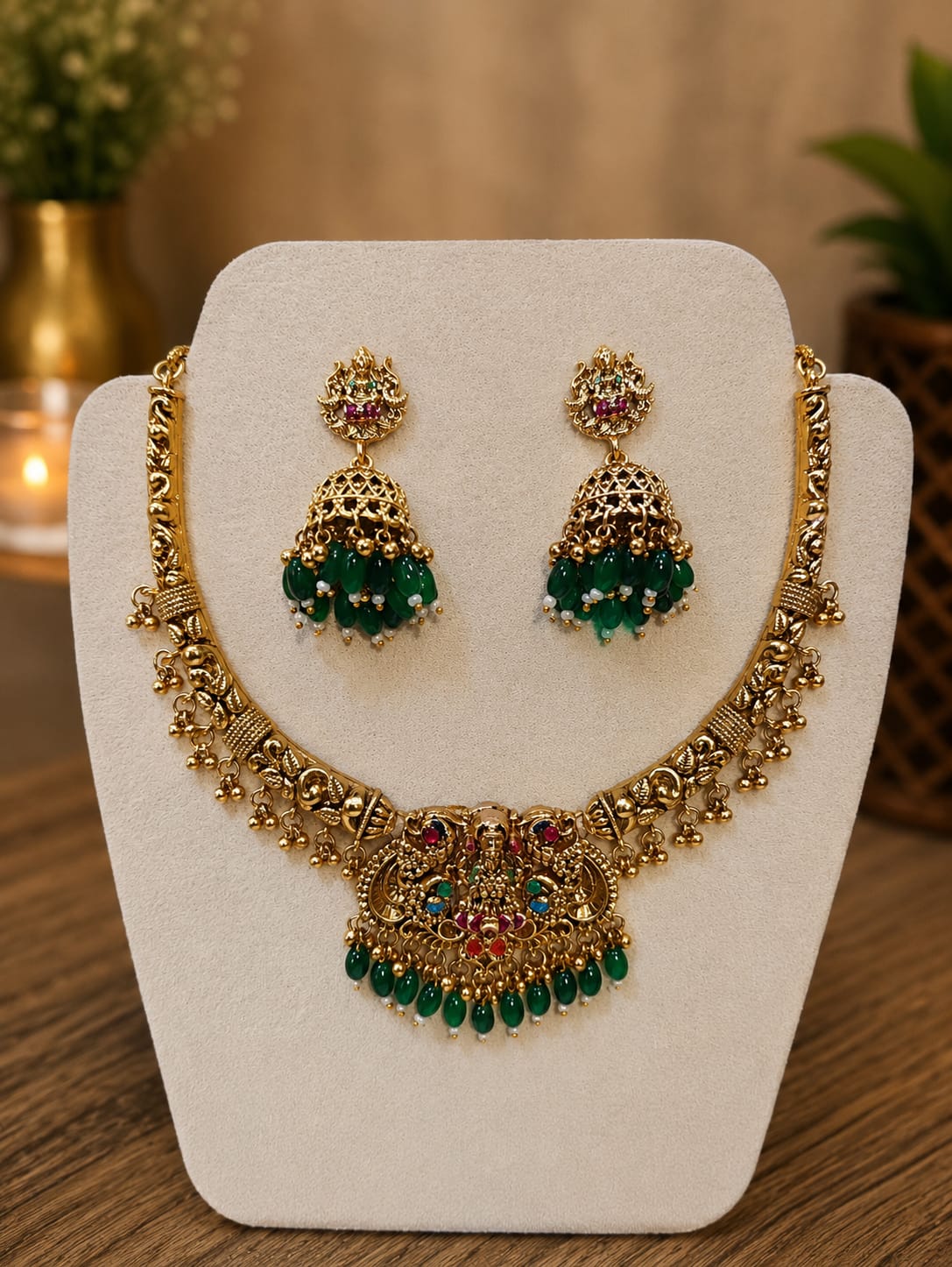 Temple Lakshmi Green Stone Premium Necklace Set