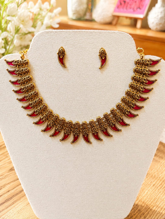 Available SG Stock -Antique Red Temple Necklace Set – Traditional South Indian Design