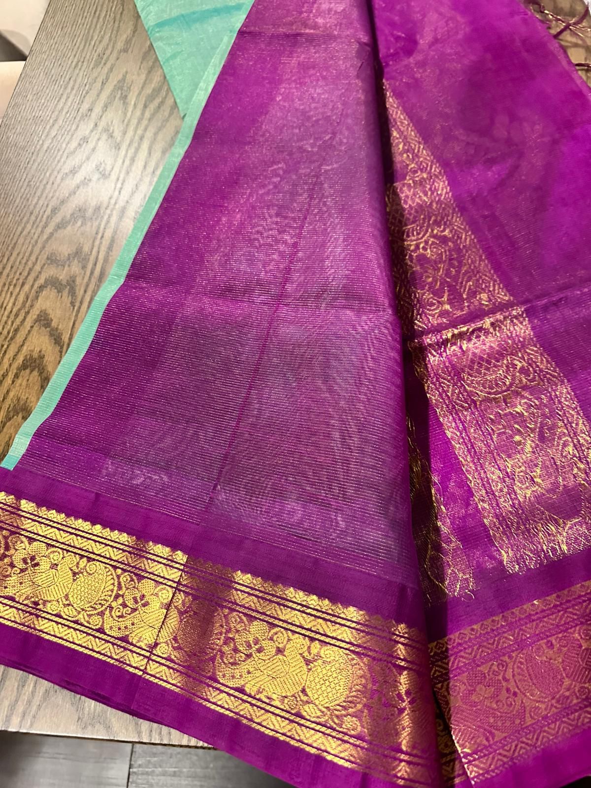 Korvai Handloom Silk Cotton Saree – Aqua Green with Rich Magenta Gold Border