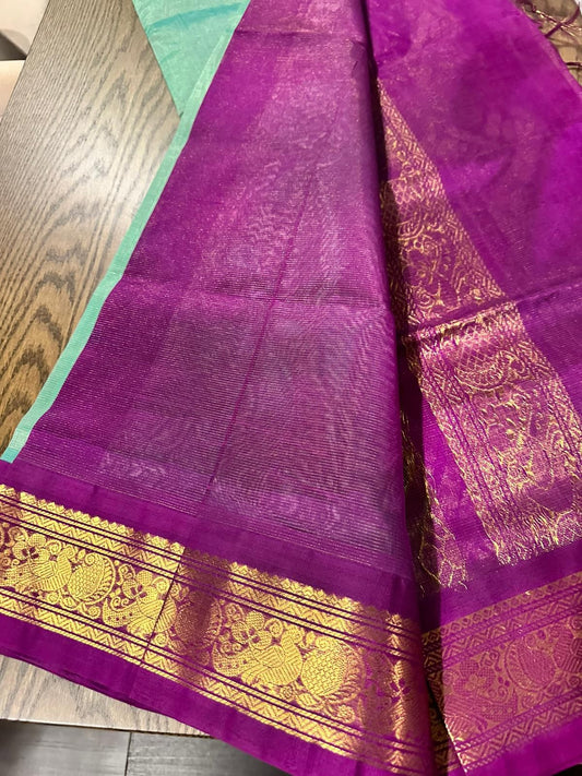 Korvai Handloom Silk Cotton Saree – Aqua Green with Rich Magenta Gold Border
