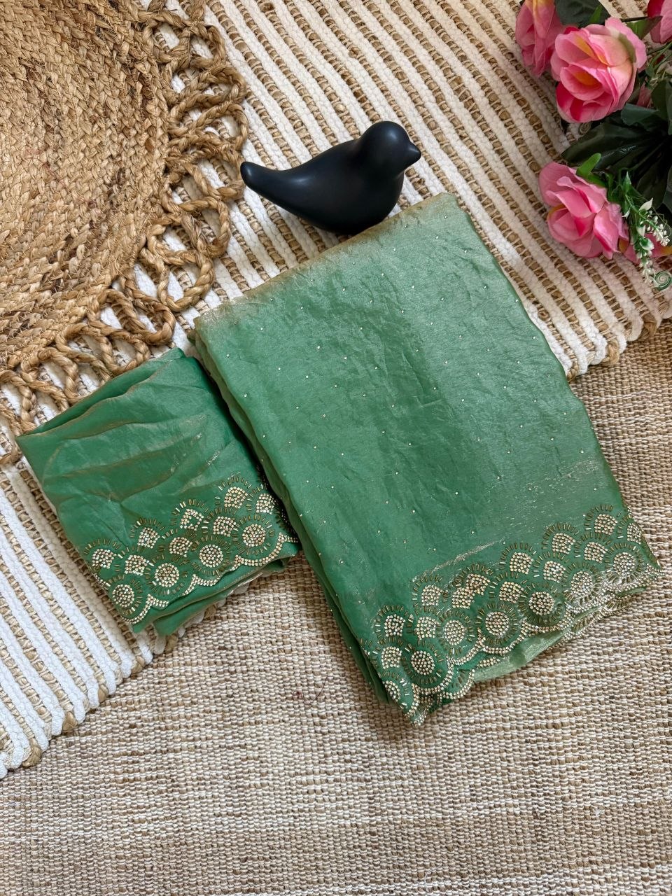 PREORDER / NOTIFY WHEN AVAILABLE- Luxury Sage Green Fendi Space Silk Saree – Jarkhan Embellished Edition