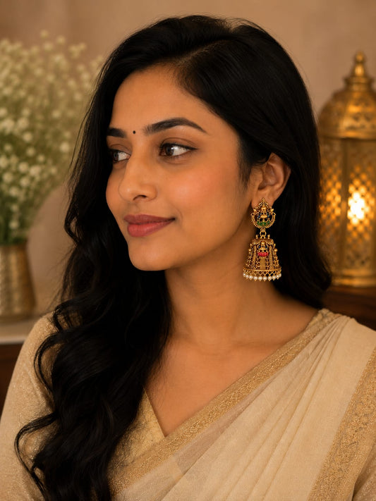 Available SG Stock- Temple Lakshmi Jhumka Earrings – Antique Gold Pearl Drop Design