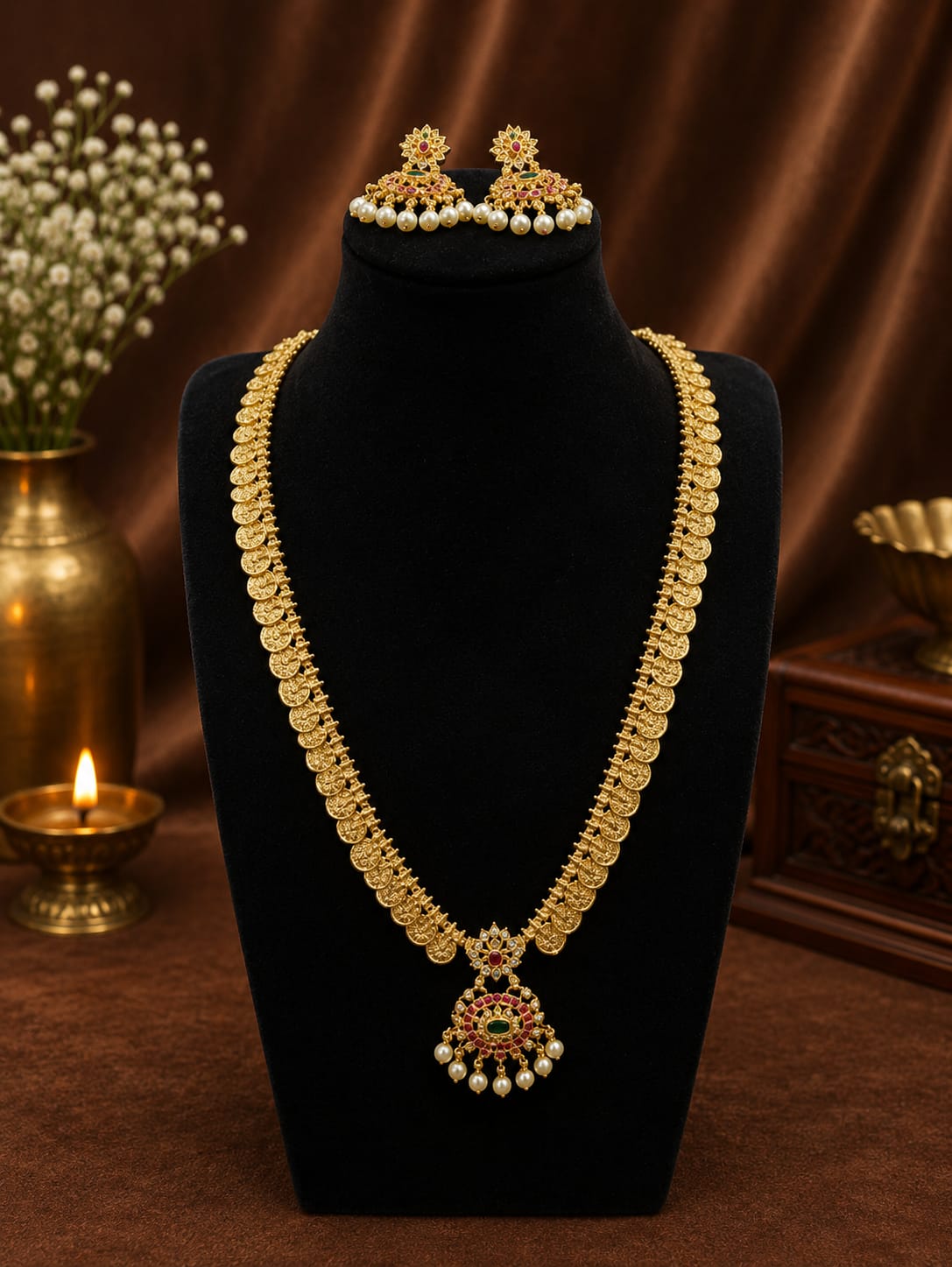 Available SG Stock- Premium Lakshmi Coin Antique Gold Long Haram Set – Traditional South Indian Necklace & Earrings Set