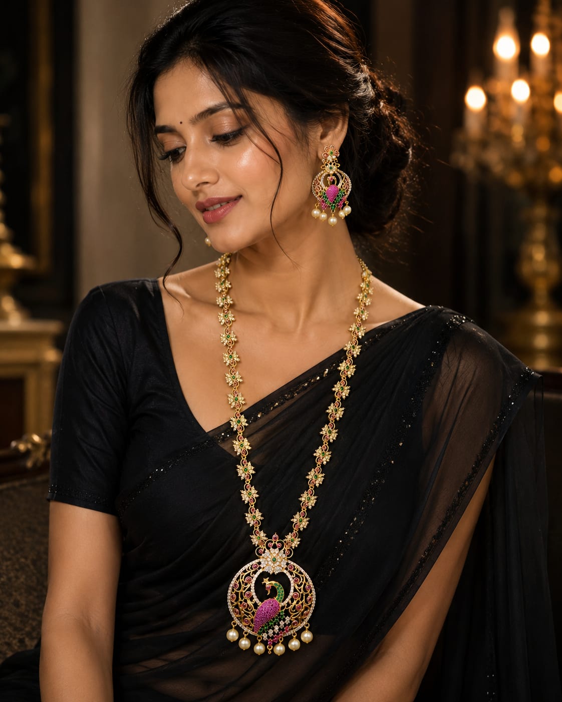 PREORDER / NOTIFY WHEN AVAILABLE-Premium Peacock Heritage Long Haram Set – Antique Gold Bridal Necklace & Earrings