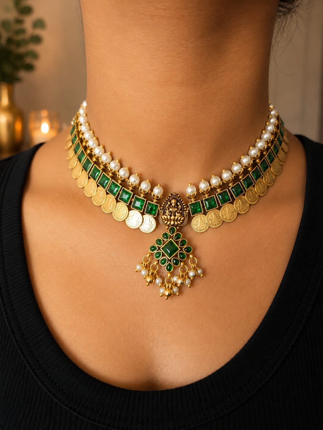 Available SG Stock Lakshmi Emerald Temple Choker Set