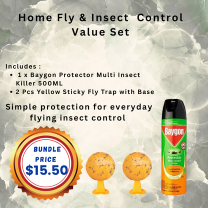Home Fly & Insect COntrol Value Set - 1 x Baygon 500ml + 2 pcs Sticky Fly Trap