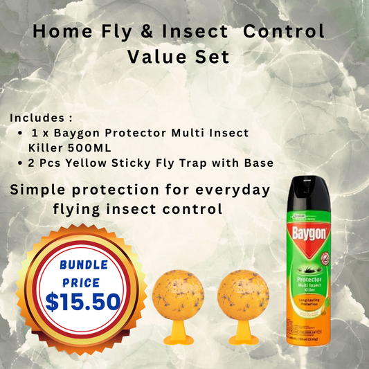 Home Fly & Insect COntrol Value Set - 1 x Baygon 500ml + 2 pcs Sticky Fly Trap