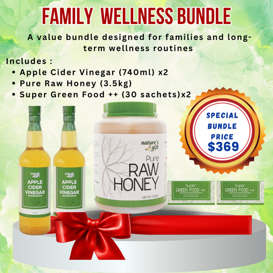Family Wellness Bundle - ACV, Pure Raw Honey & Super Green Food
