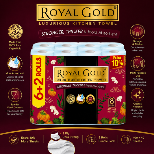 Royal Gold Luxurious Kitchen Towel 8 Rolls Bundle Pack – 2 Ply Ultra Strong