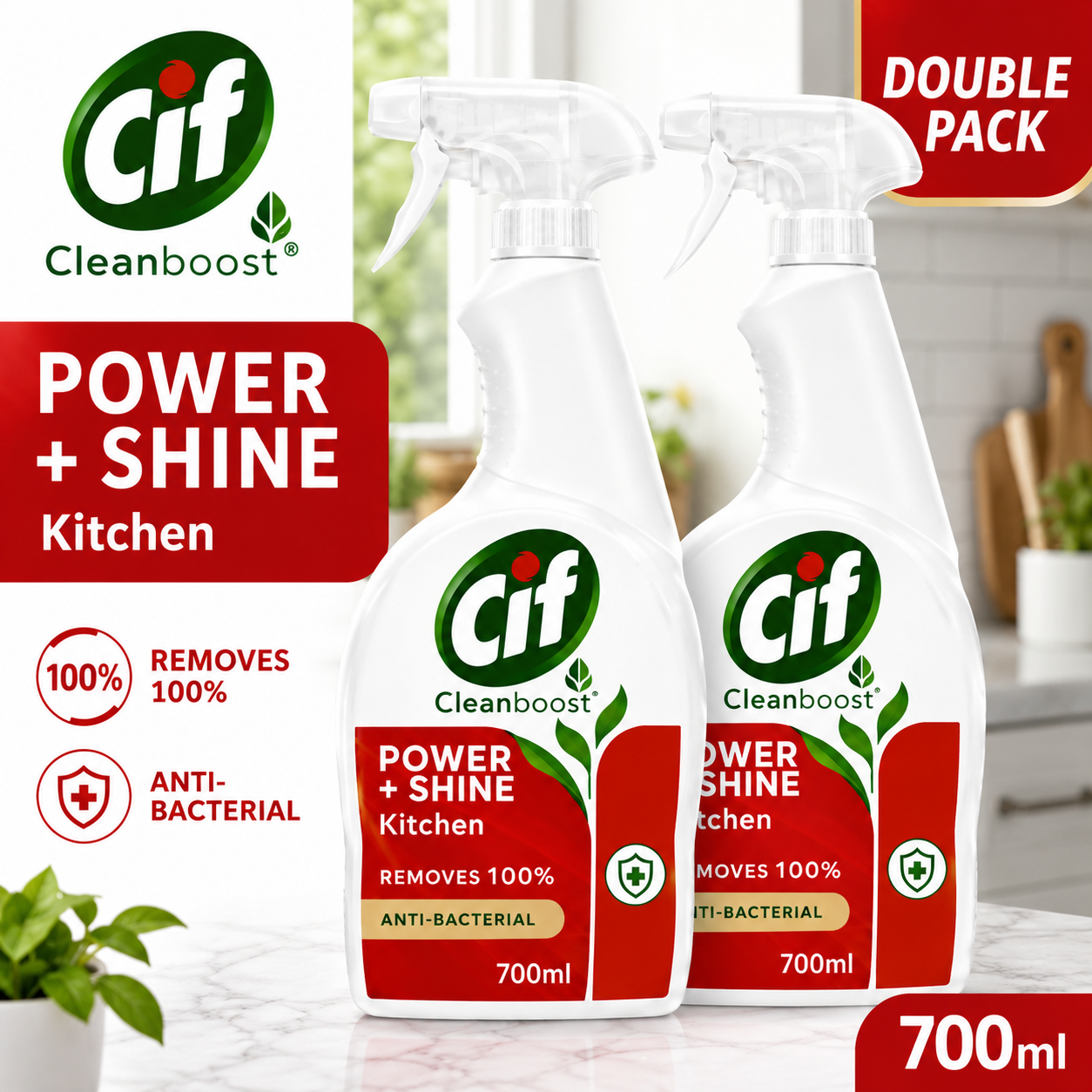 Cif Cleanboost Power + Shine Kitchen Cleaner Spray Double Pack 700ml x 2