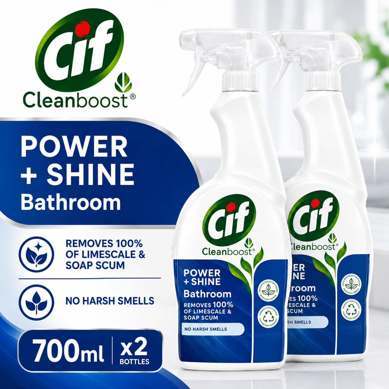 Cif Cleanboost Power + Shine Bathroom Cleaner Spray Double Pack 700ml x 2