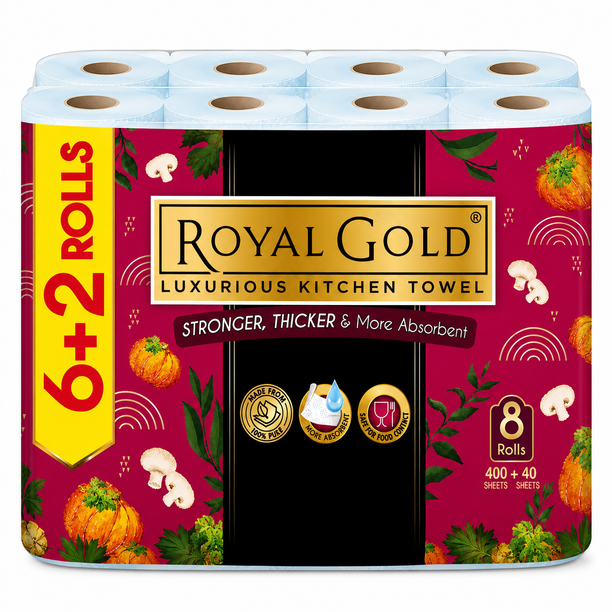 Royal Gold Luxurious Kitchen Towel 8 Rolls Bundle Pack – 2 Ply Ultra Strong