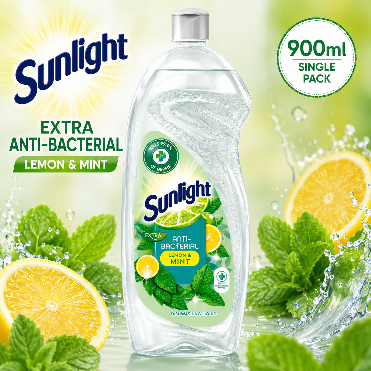 Sunlight Extra Anti-Bacterial Lemon & Mint Dishwashing Liquid 900ml