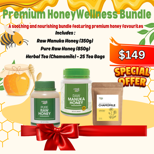 **Premium Honey Wellness Bundle -  Pure Raw Honey , Raw Manuka Honey & Herbal Tea Chamomile