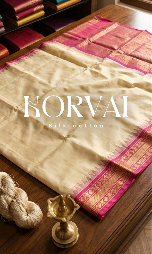 AVAILABLE SG STOCK - Korvai Handloom Silk Cotton Saree – Cream & Pink Gold Border