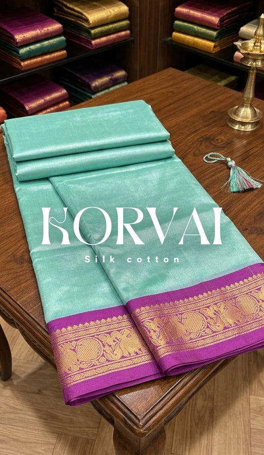 Korvai Handloom Silk Cotton Saree – Aqua Green with Rich Magenta Gold Border