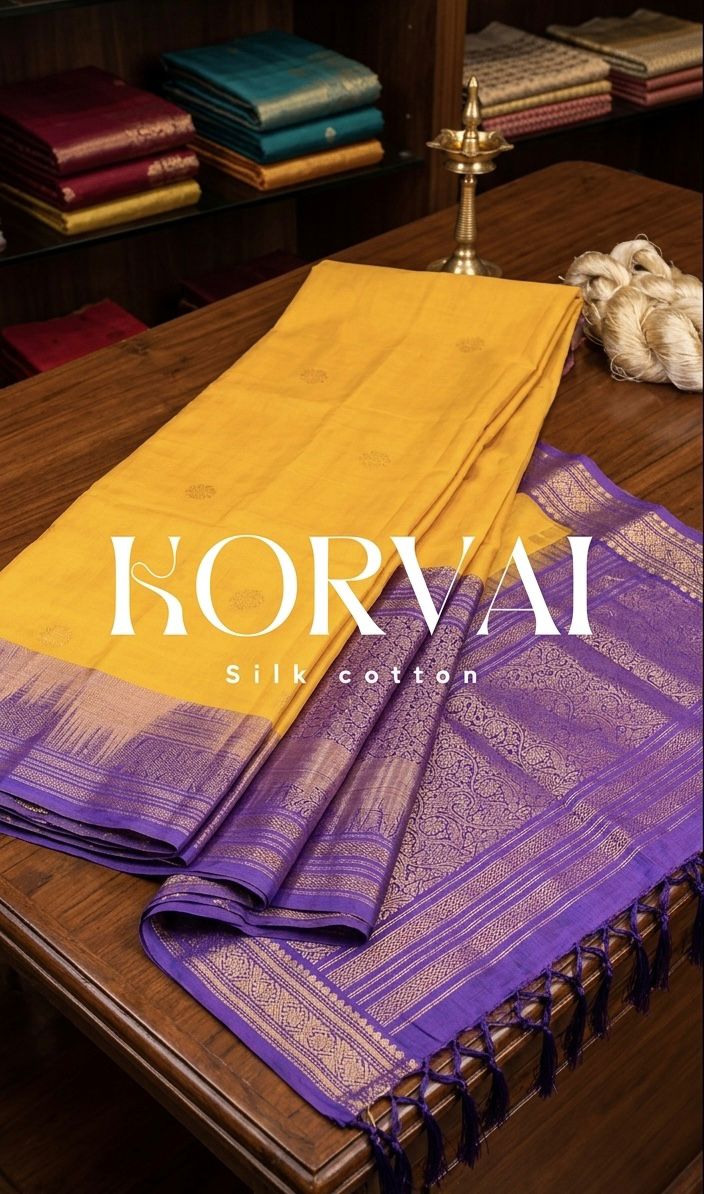 Korvai Handloom Silk Cotton Saree – Mustard Yellow with Royal Purple Gold Border