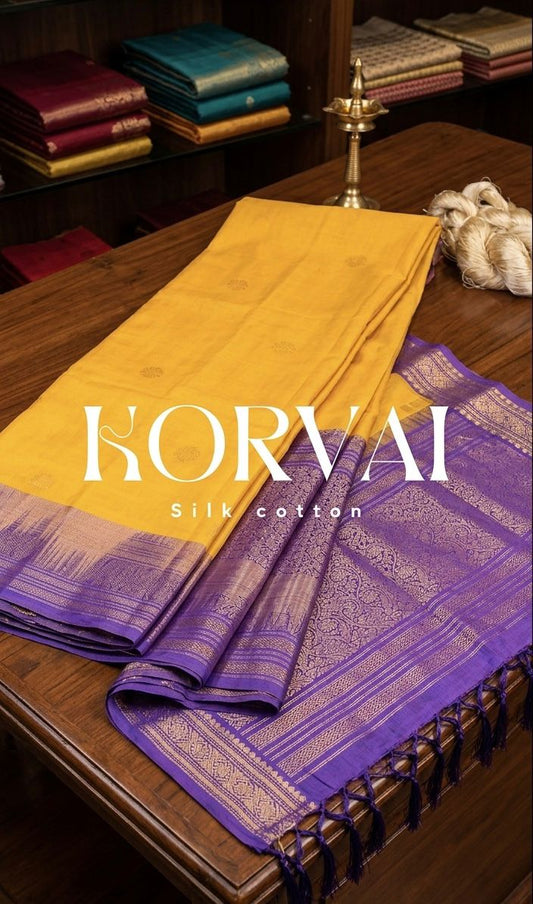 Korvai Handloom Silk Cotton Saree – Mustard Yellow with Royal Purple Gold Border