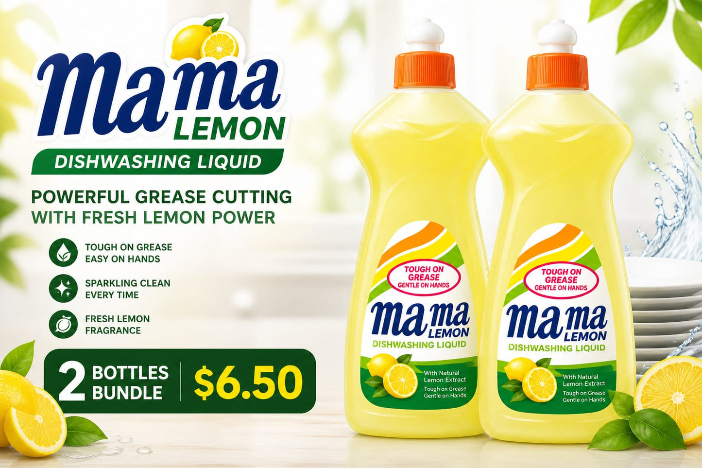 Mama Lemon Dishwashing Liquid 750ml  (2 Bottles) – Powerful Grease Removal