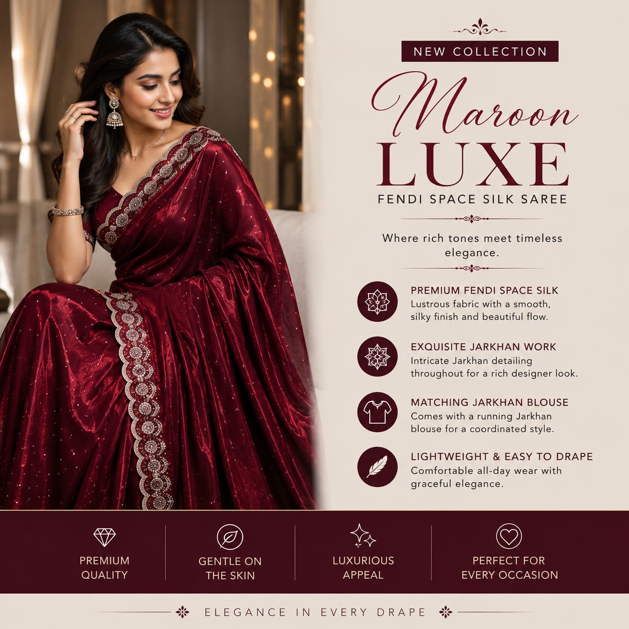 PREORDER / NOTIFY WHEN AVAILABLE- Luxury Maroon Fendi Space Silk Saree – Jarkhan Embellished Edition