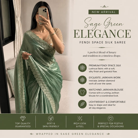 PREORDER / NOTIFY WHEN AVAILABLE- Luxury Sage Green Fendi Space Silk Saree – Jarkhan Embellished Edition