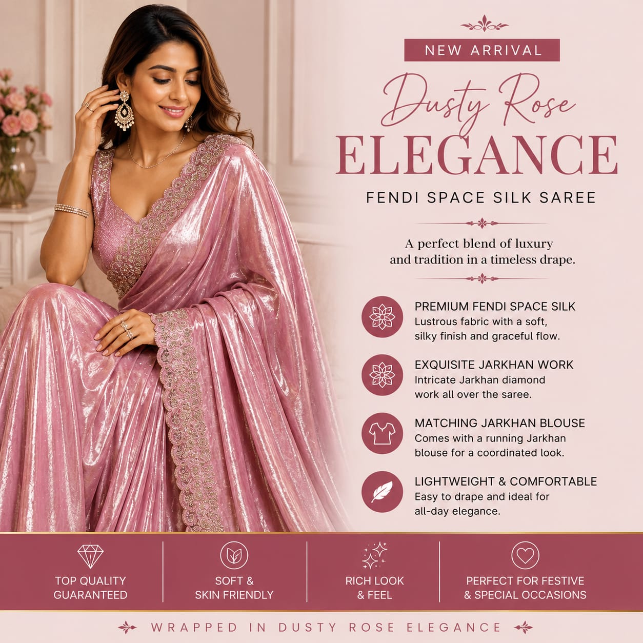 PREORDER / NOTIFY WHEN AVAILABLE  - Luxury Dusty Rose Fendi Space Silk Saree – Jarkhan Embellished Edition
