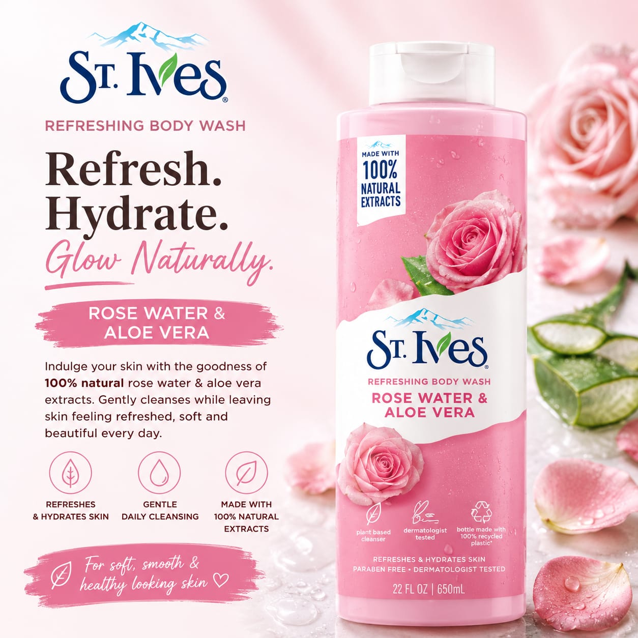 St. Ives Refreshing Body Wash – Rose Water & Aloe Vera 650ml
