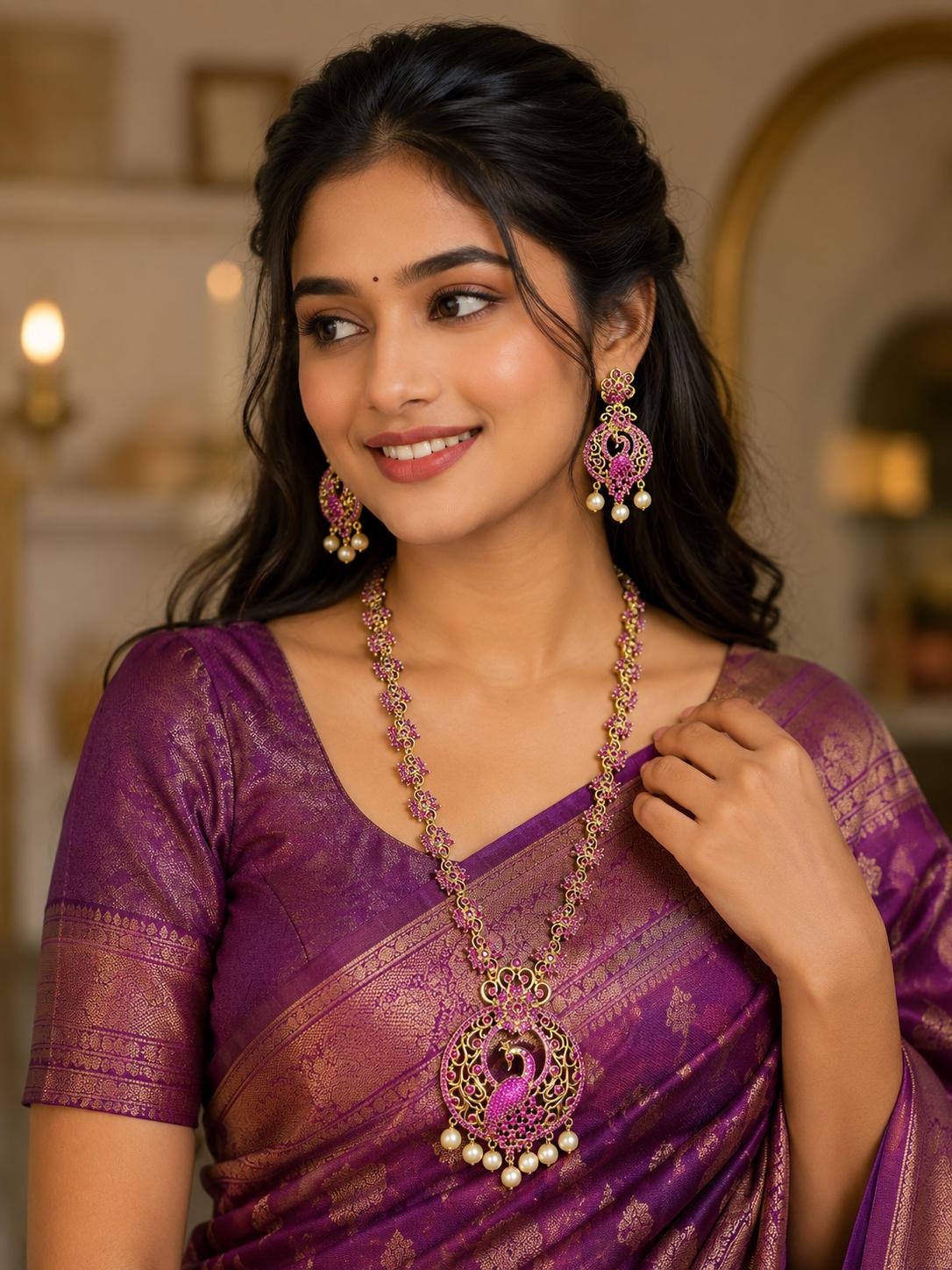 PREORDER / NOTIFY WHEN AVAILABLE- Premium Peacock Ruby Pink Long Haram Set – Antique Gold Heritage Necklace & Earrings