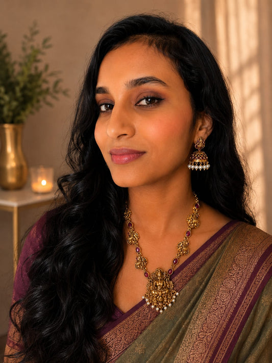 Available SG Stock - Premium Antique Lakshmi Ruby Temple Necklace Set with Pearl Jhumka Earrings