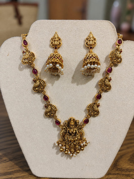 Available SG Stock - Premium Antique Lakshmi Ruby Temple Necklace Set with Pearl Jhumka Earrings