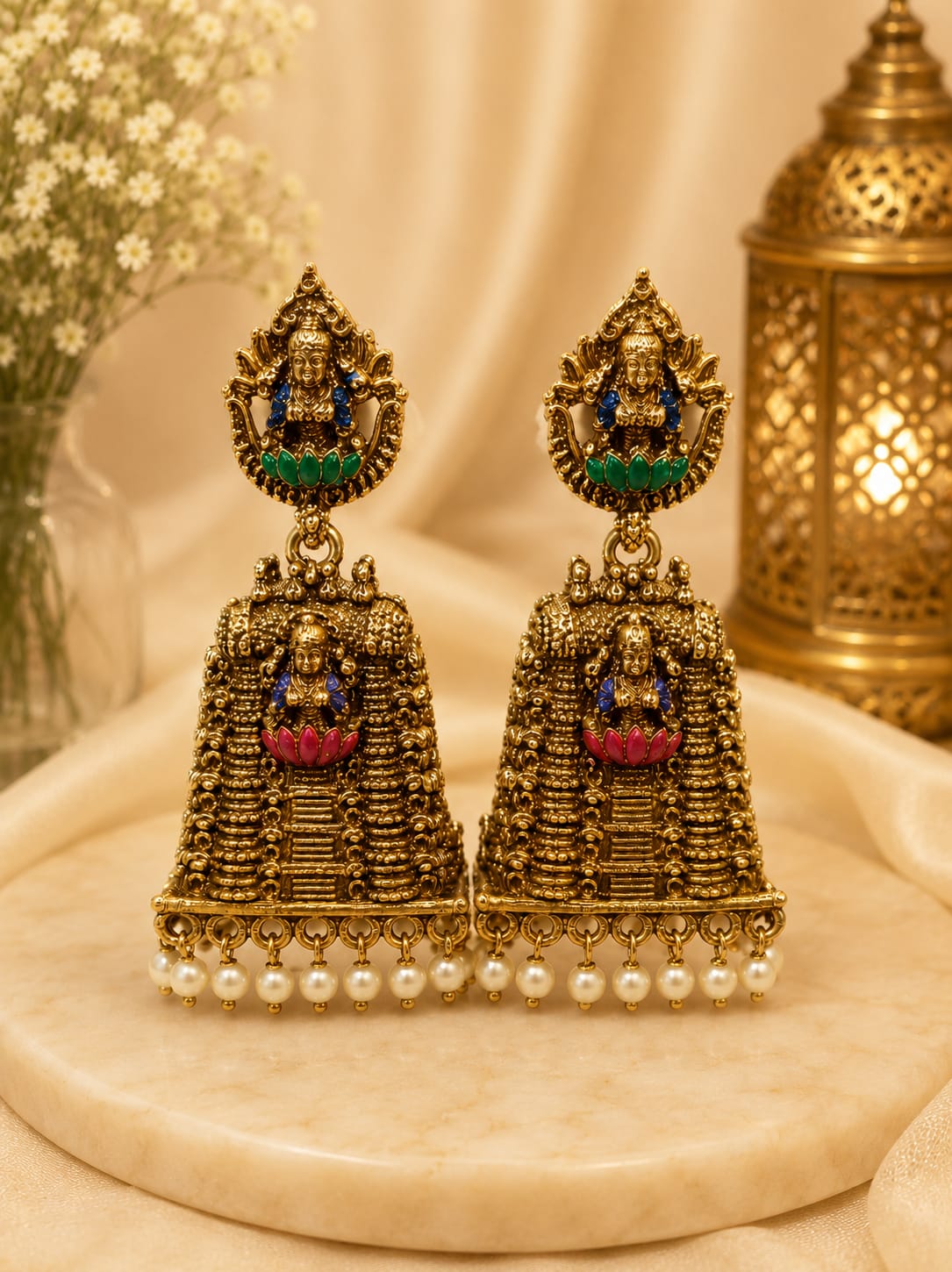 Available SG Stock- Temple Lakshmi Jhumka Earrings – Antique Gold Pearl Drop Design