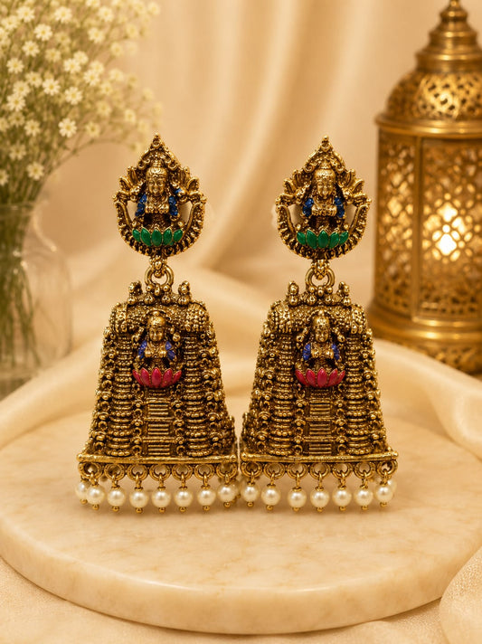 Available SG Stock- Temple Lakshmi Jhumka Earrings – Antique Gold Pearl Drop Design