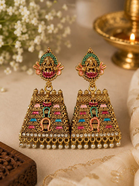 Colorful Temple Jhumka Earrings – Antique Gold Festive Design