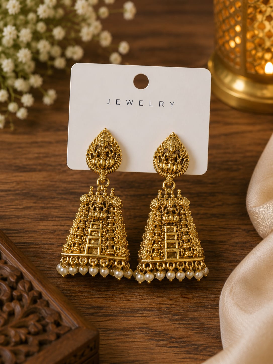 Available SG Stock- Temple Lakshmi Jhumka Earrings – Antique Gold Pearl Drop Design