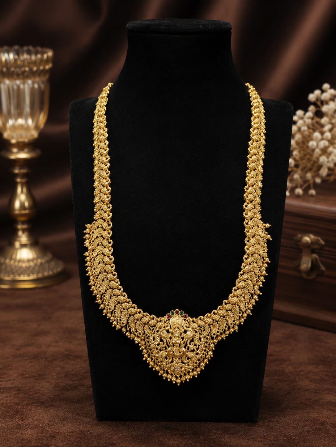 Available SG Stock - Temple Lakshmi Bridal Long Necklace – Antique Gold Finish (No earrings)