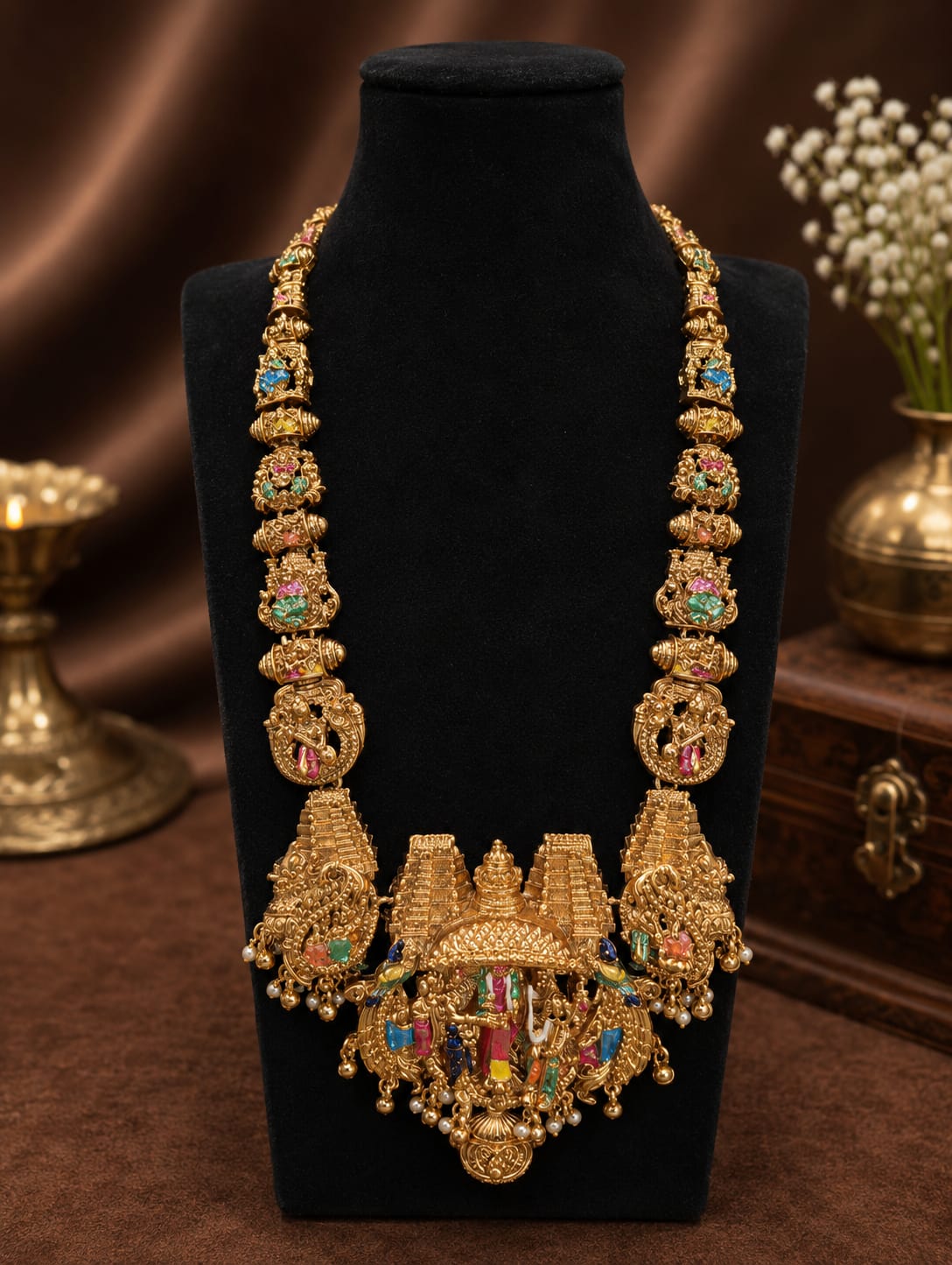 Premium Temple Peacock & Dancer Antique Gold Earrings – Traditional South Indian Bridal Jhumka