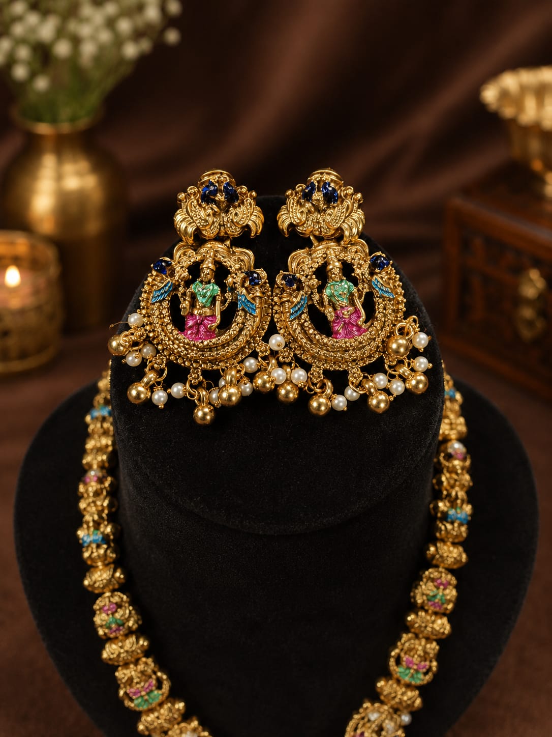 Premium Temple Peacock & Dancer Antique Gold Earrings – Traditional South Indian Bridal Jhumka