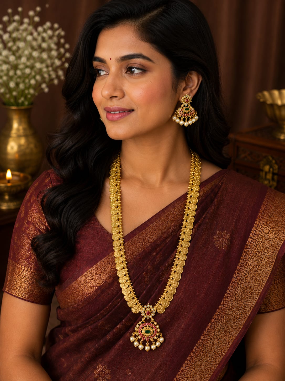 Available SG Stock- Premium Lakshmi Coin Antique Gold Long Haram Set – Traditional South Indian Necklace & Earrings Set