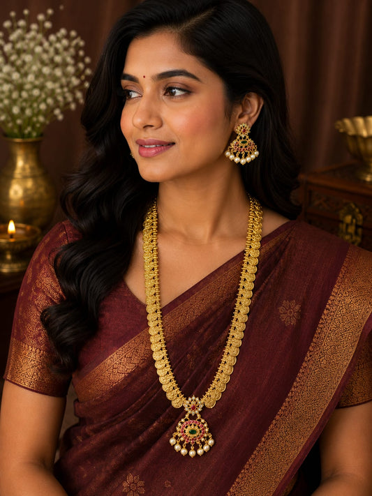 Available SG Stock- Premium Lakshmi Coin Antique Gold Long Haram Set – Traditional South Indian Necklace & Earrings Set