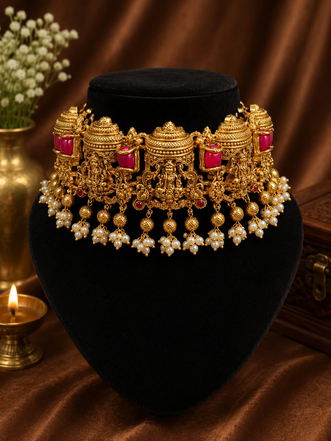 Available SG Stock- Premium Lakshmi Temple Antique Gold Choker Set – Traditional South Indian Bridal Necklace & Earrings