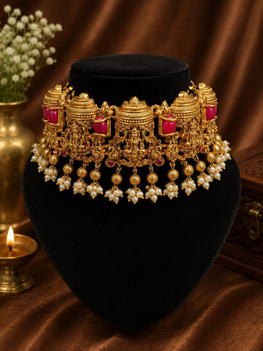 Available SG Stock- Premium Lakshmi Temple Antique Gold Choker Set – Traditional South Indian Bridal Necklace & Earrings