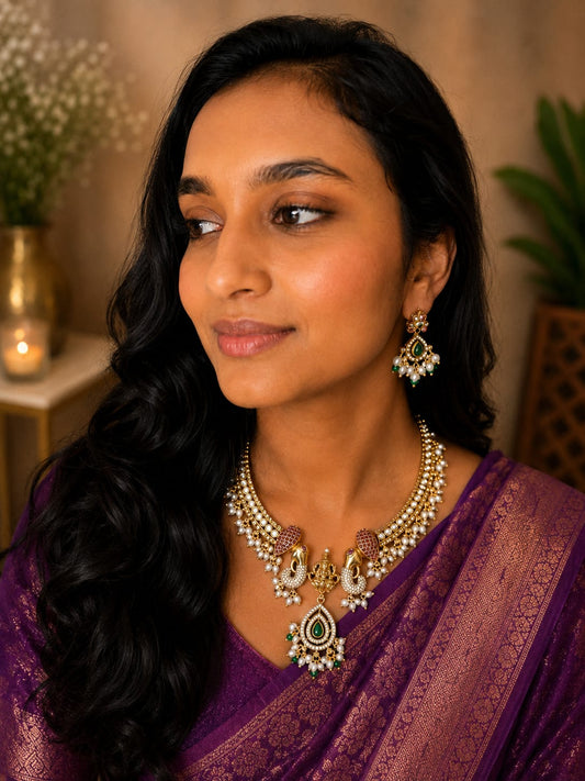 PREORDER / NOTIFY WHEN AVAILABLE-Premium Elephant Temple Antique Gold Necklace Set – Heritage South Indian Jewelry
