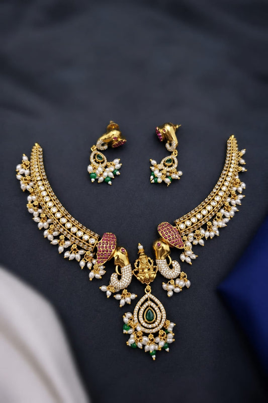 PREORDER / NOTIFY WHEN AVAILABLE-Premium Elephant Temple Antique Gold Necklace Set – Heritage South Indian Jewelry