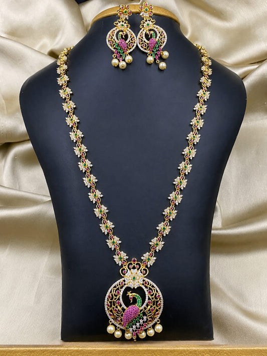 PREORDER / NOTIFY WHEN AVAILABLE-Premium Peacock Heritage Long Haram Set – Antique Gold Bridal Necklace & Earrings